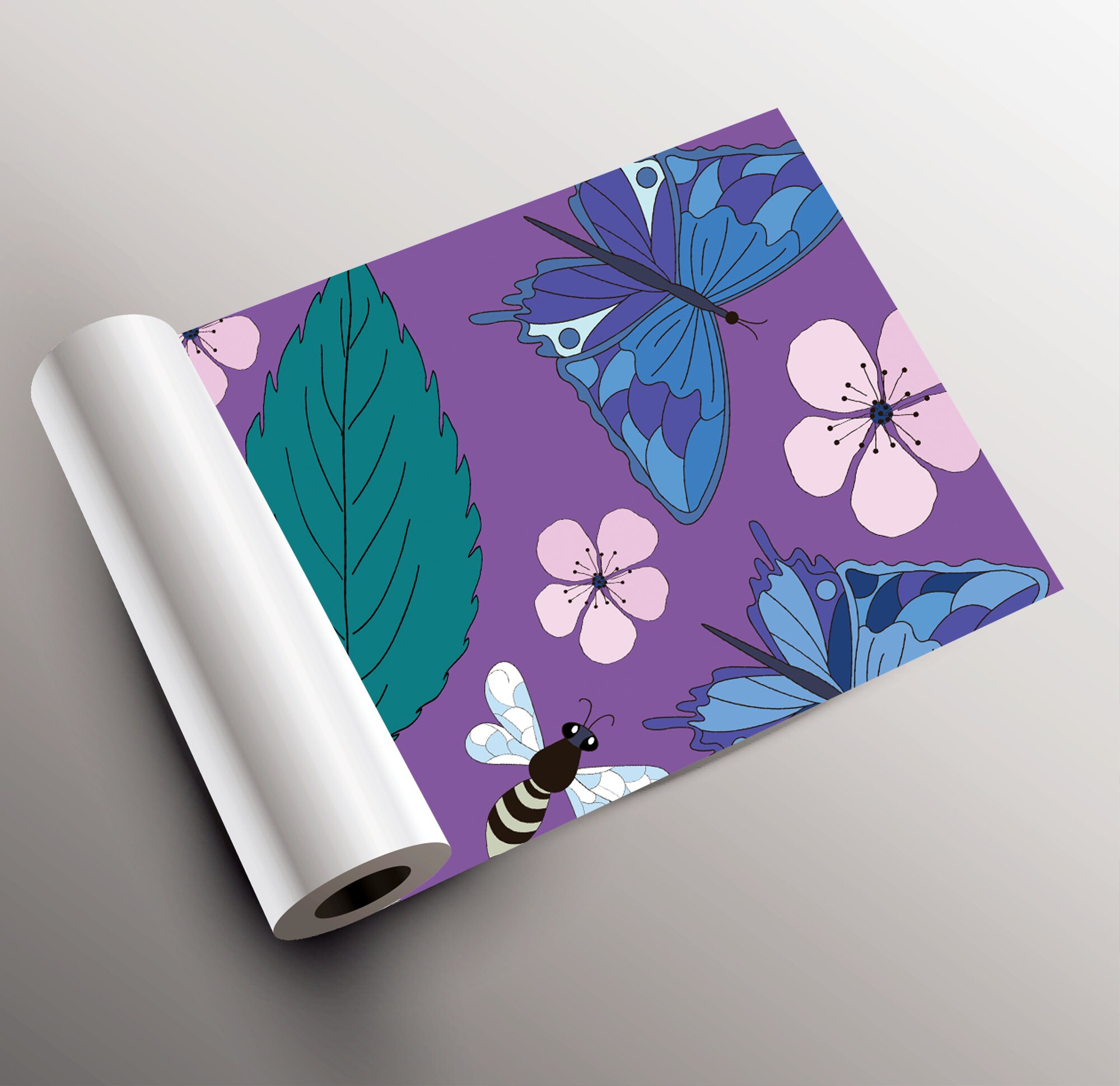 Purple Wallpaper With Butterflies Bees Cherry Flowers and - Etsy