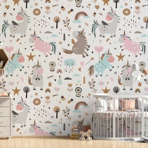 Carta da parati con motivo unicorno, per bambini, autoadesiva, murale da staccare e incollare