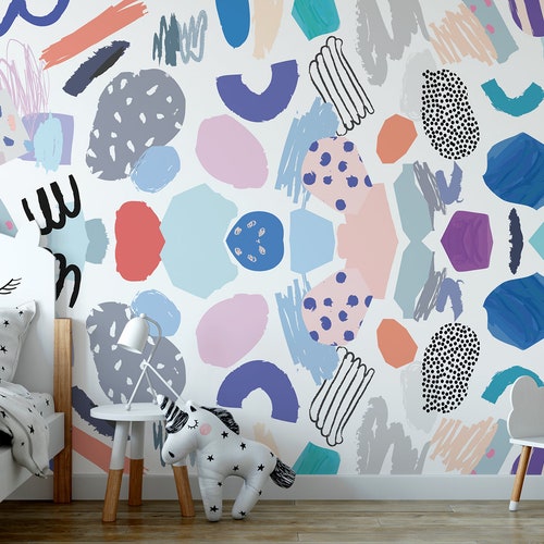 White Wallpaper With Colorful Cartoon Cats for Kids Self Etsy