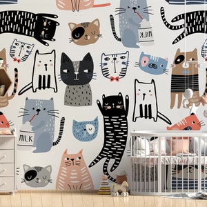 Behang met grappige cartoonkatten || Voor kinderen, zelfklevend, verwijderbaar en plakbaar fotobehang