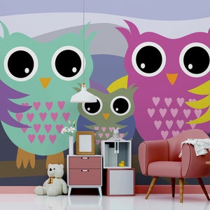 Colorful cartoon owl family wallpaper || For Kids, self adhesive, peel and stick wall mural