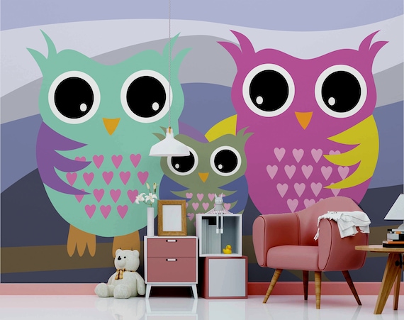 Colorful Cartoon Owl Family Wallpaper for Kids Self - Etsy Colorful Cartoon Owl Family Wallpaper for Kids Self - Etsy