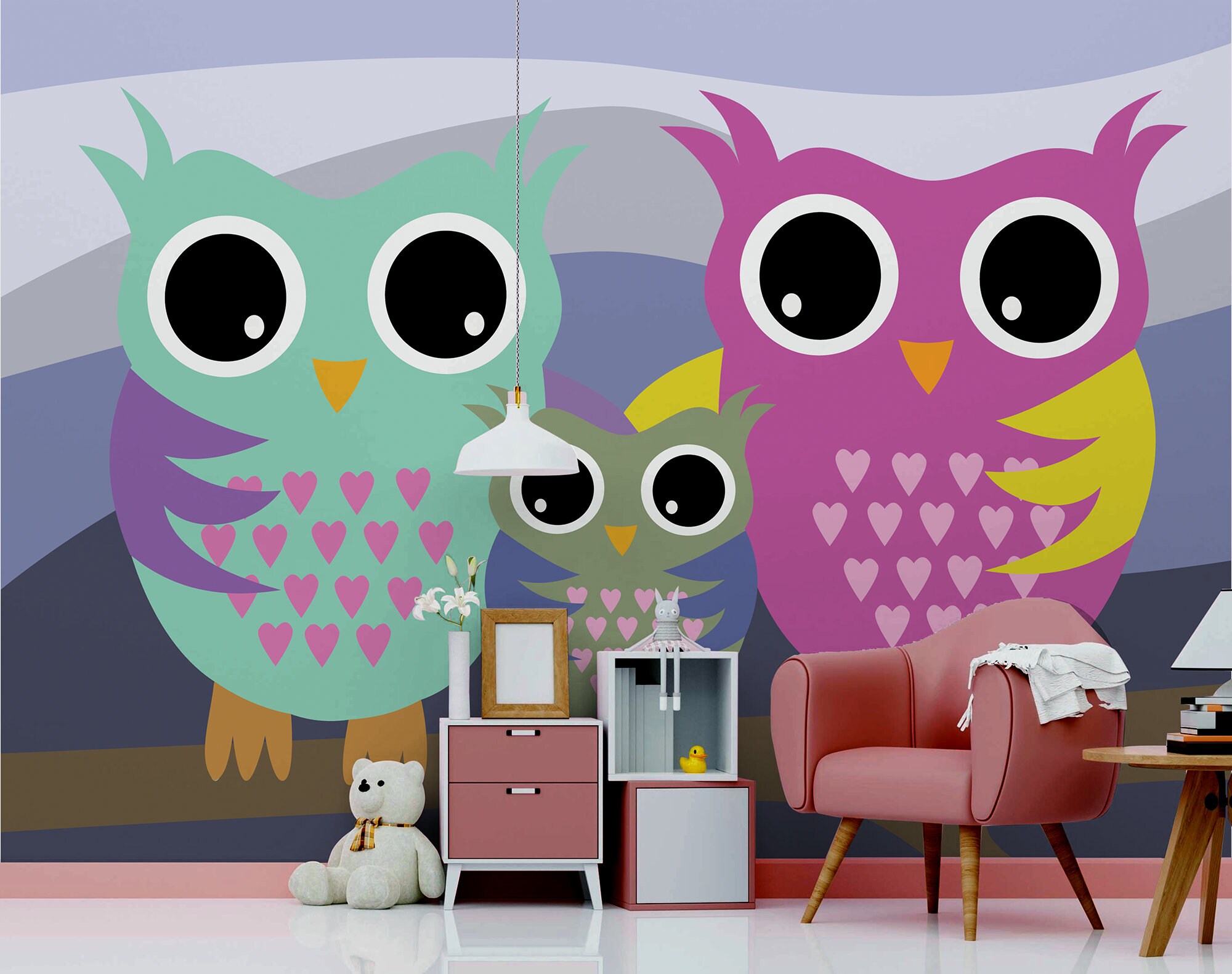 Colorful Cartoon Owl Family Wallpaper for Kids Self - Etsy Colorful Cartoon Owl Family Wallpaper for Kids Self - Etsy