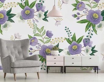 Purple Blossoms & Green Leaves White Floral Botanical Wallpaper • Peel and Stick *self adhesive* or Non-Pasted Vinyl Materials
