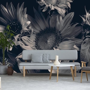 papier peint tournesols bleus vintage || papier peint floral à décoller et à coller