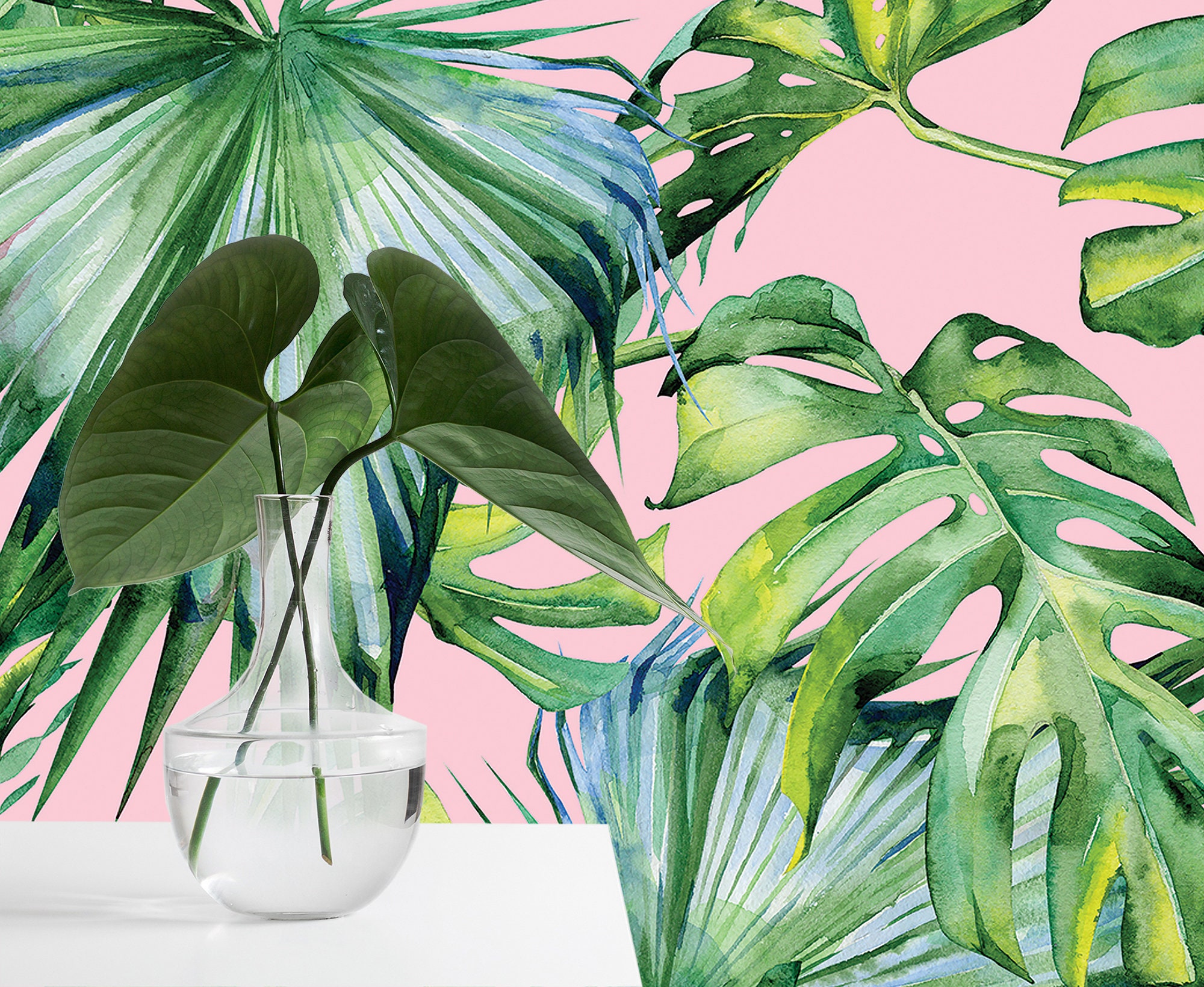 Pink wallpaper with green watercolor tropical leaves self Etsy