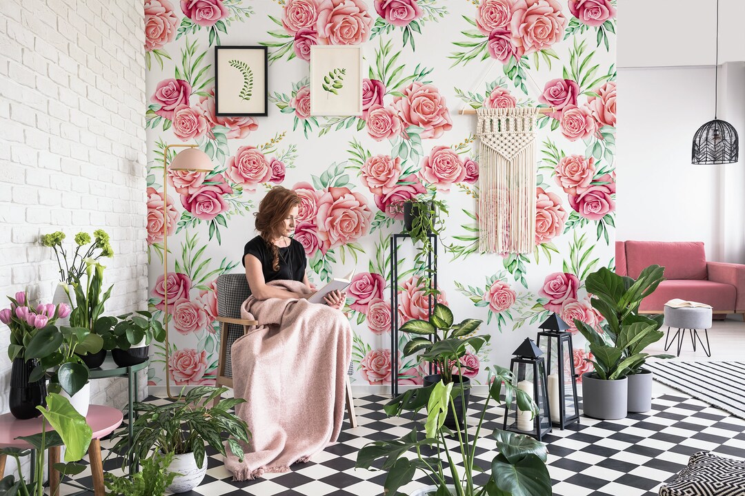 Vector Watercolor Pink Rose and Leaf Pattern Wallpaper || Peel and ...