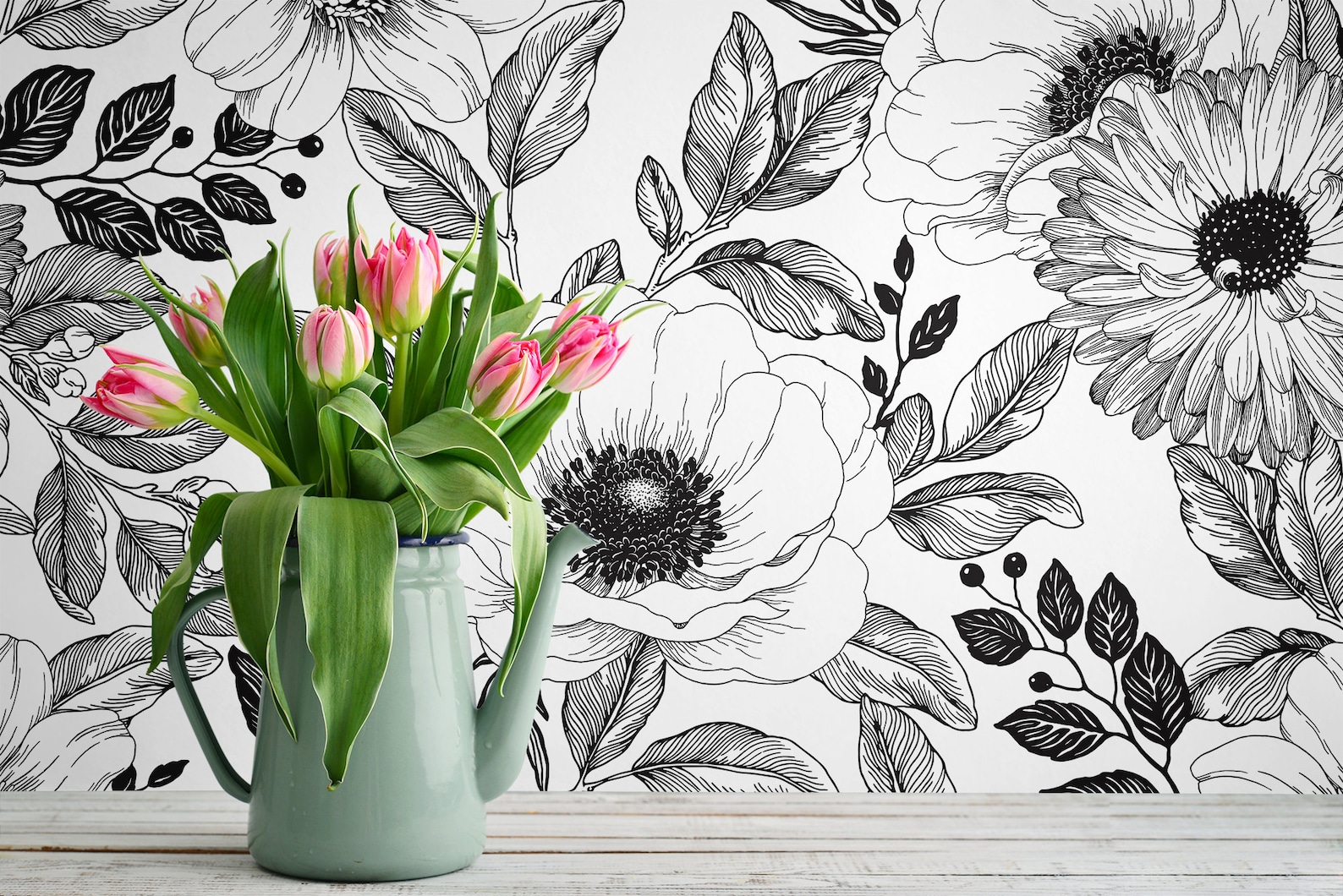 Black and White Floral Pattern Wallpaper Peel and Stick - Etsy