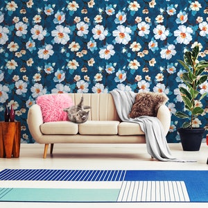 Blue wallpaper with white blossoms || self adhesive, peel and stick wall mural for kids
