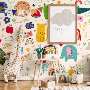 Carta da parati scandinava per cameretta dei bambini, animali e arcobaleni, murale per bambini della scuola materna • Stacca e incolla *autoadesivo* o materiali vinilici non incollati •