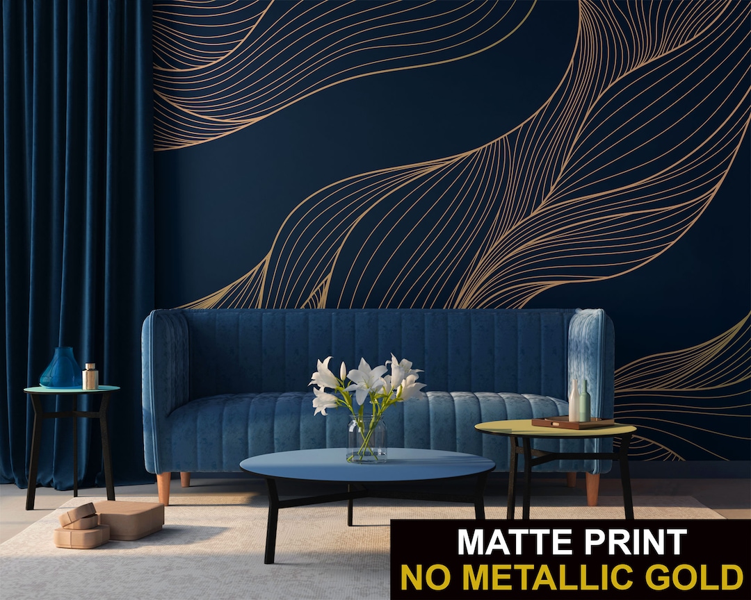 Dark Blue Art Deco Wallpaper With Abstract Yellow Wavy Pattern Peel and