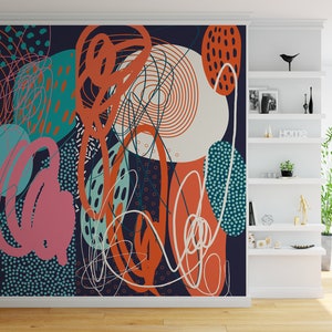 May include: Abstract wall mural with a dark blue background, featuring colorful shapes, lines, and patterns in shades of teal, orange, pink, and white.