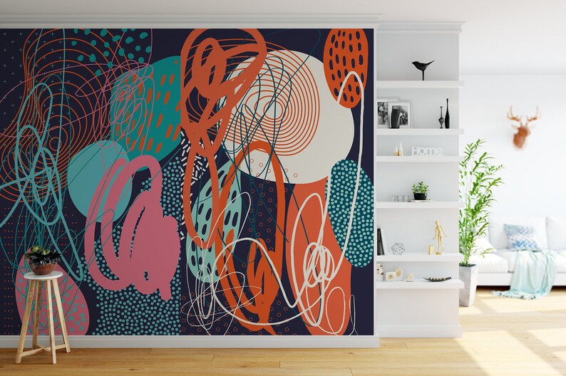 May include: Abstract wall mural with a dark blue background, featuring colorful shapes, lines, and patterns in shades of teal, orange, pink, and white.