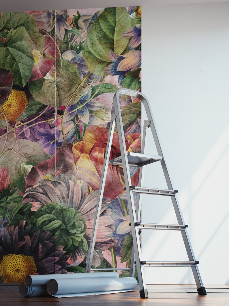 peel and stick wall mural Colorful vintage floral wallpaper with tulips