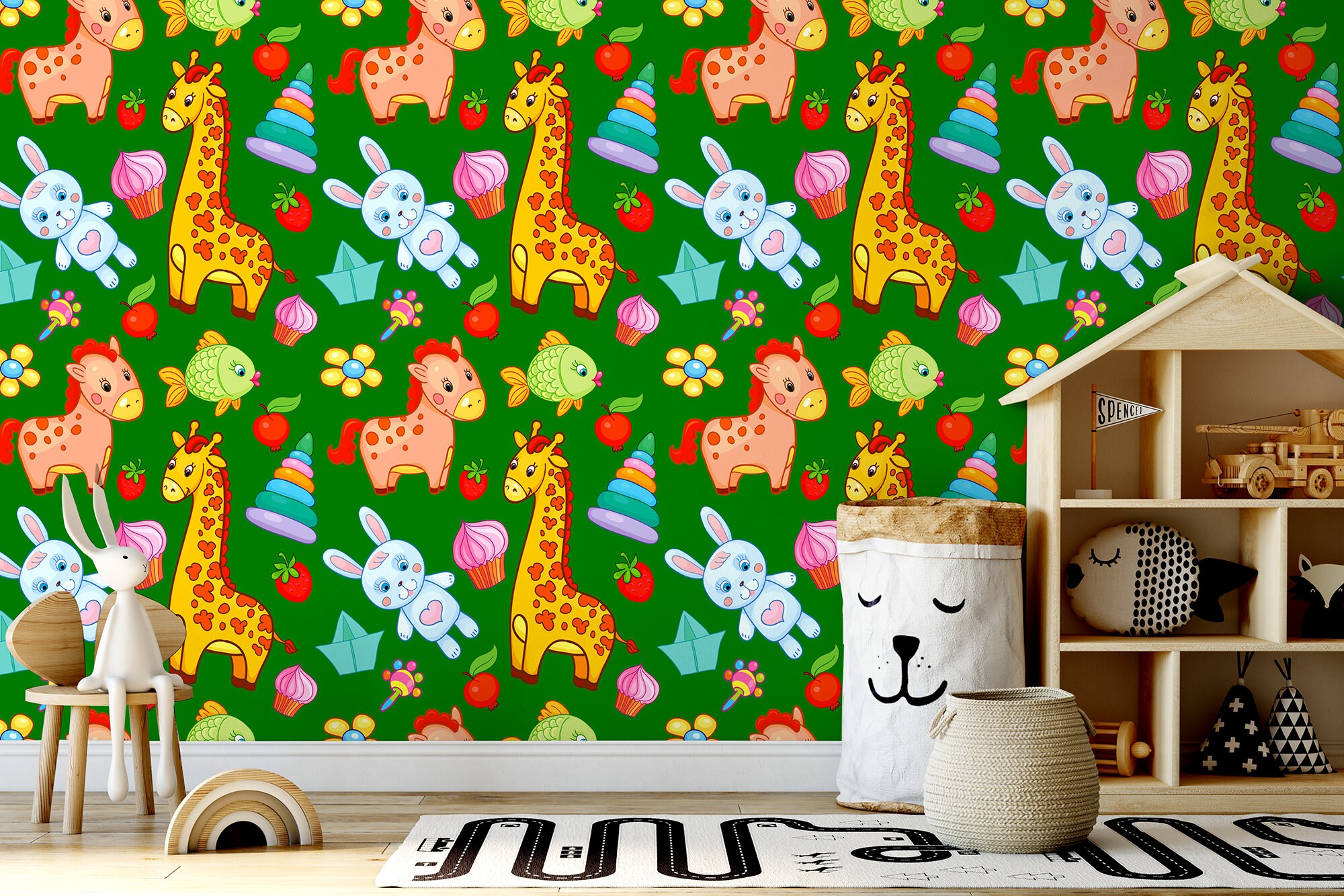 Green Wallpaper With Colorful Animals Fruits and Sweets - Etsy