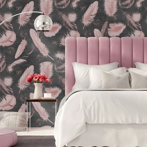 Gray Concrete Wallpaper with Pink Feathers • Peel and Stick *self adhesive* or Non-Pasted Vinyl Materials •