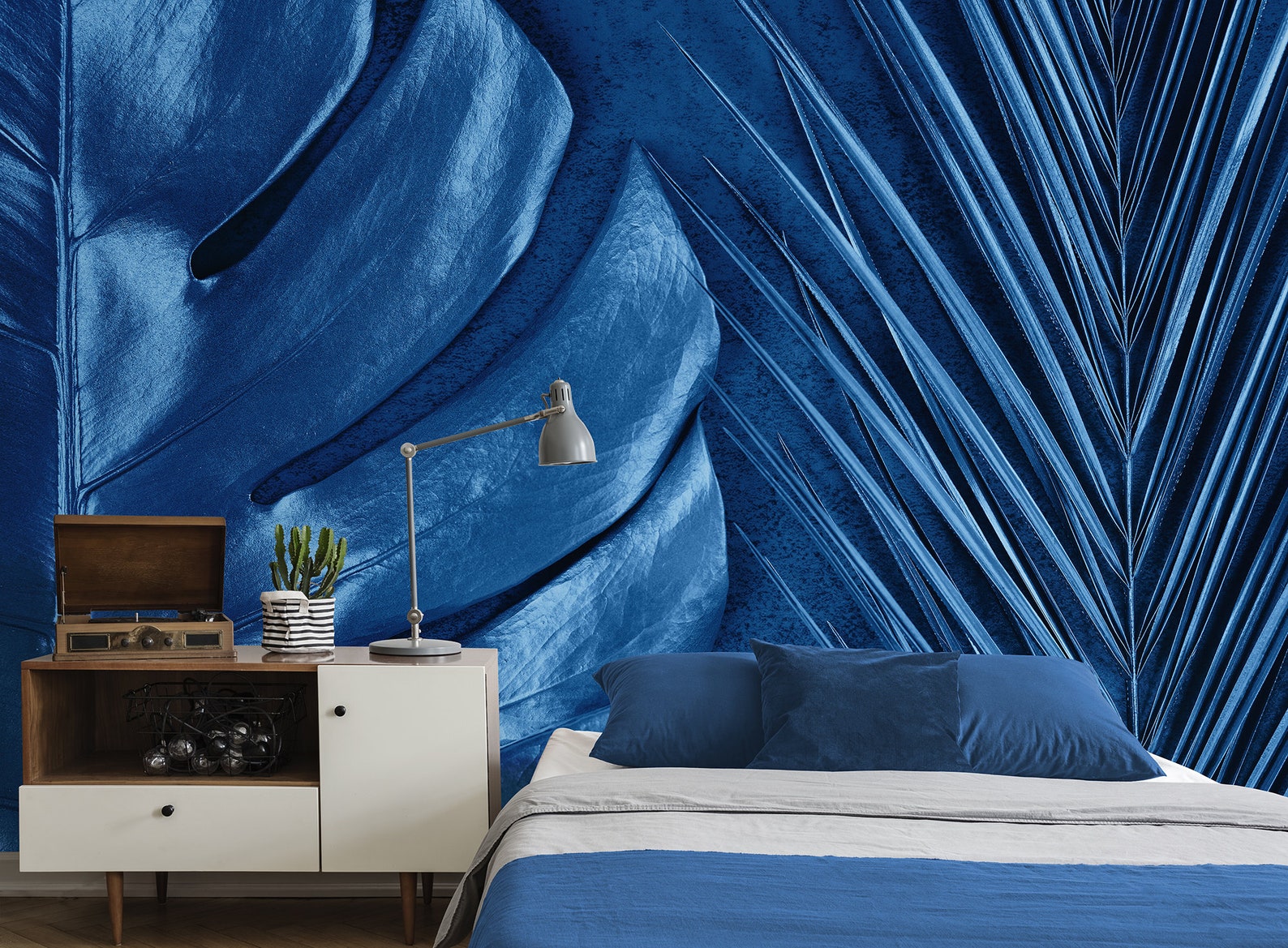 Cobalt Blue Wallpaper With Palm and Monstera Leaf Version 2 Etsy