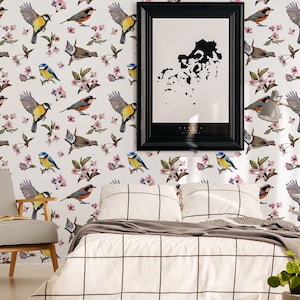 Watercolor wallpaper with birds, self adhesive, peel and stick floral wall mural