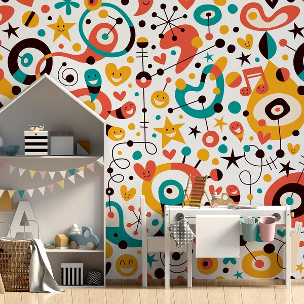 Papel tapiz con divertidos dibujos infantiles de colores || Para niños, autoadhesivo, despegable y pegable.