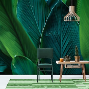 Green tropical leaves photo wallpaper || self adhesive, peel and stick wall mural