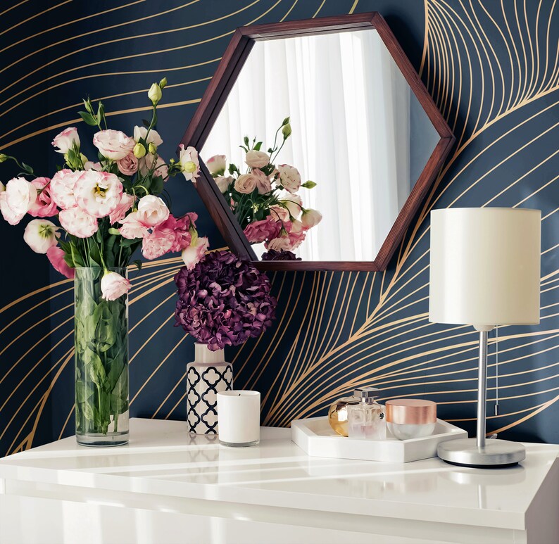 Dark Blue Art Deco Wallpaper With Abstract Yellow Wavy Pattern Etsy