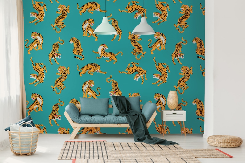 Blue Wallpaper With Tiger Pattern, Self Adhesive, Peel and Stick Wall ...