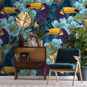 Blue wallpaper with toucans and exotic flowers, self adhesive, peel and stick wall mural