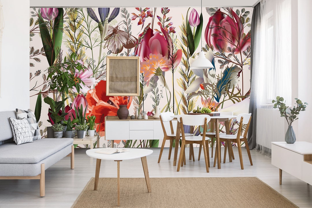 Colorful Floral Meadow Wallpaper || Peel and Stick Floral Wall Mural - Etsy