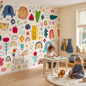 Scandinavian Baby Room Wallpaper, Animals & Rainbows, Nursery Wall Mural, Kids Art • Peel and Stick *self adhesive* or Traditional Vinyl • image 2