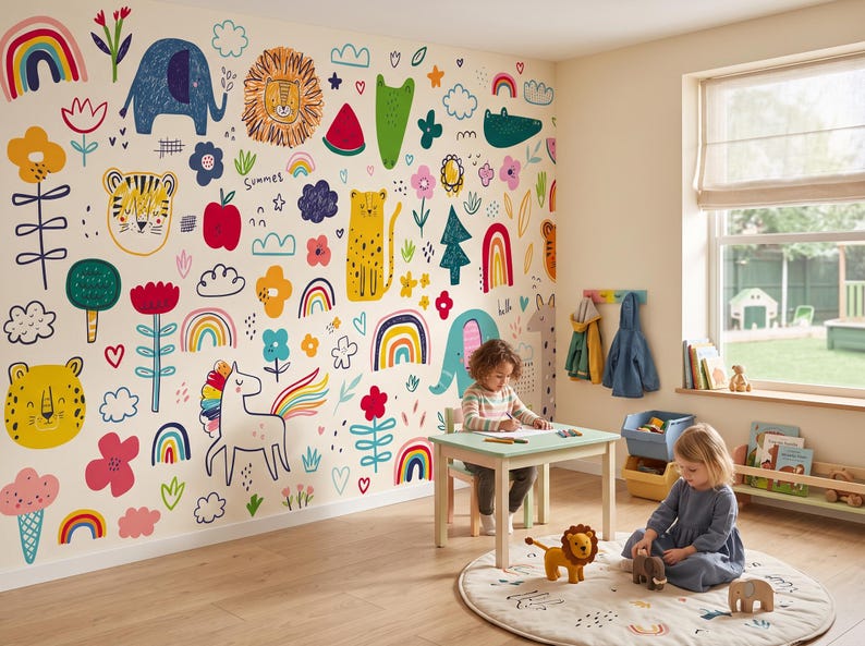 Scandinavian Baby Room Wallpaper, Animals & Rainbows, Nursery Wall Mural, Kids Art • Peel and Stick *self adhesive* or Traditional Vinyl • image 2