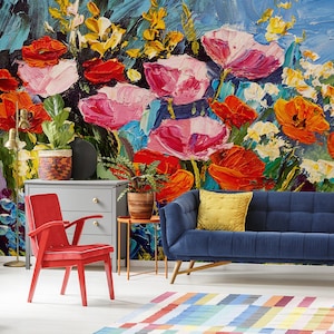 Oil painted colorful floral meadow wallpaper || peel and stick floral wall mural