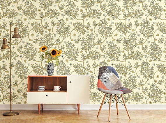 Light Wallpaper With Olive Green Leaf Pattern Peel and | Etsy