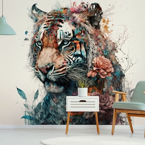 Tiger and Flowers Abstract Animal Wallpaper • Peel and Stick *self adhesive* or Non-Pasted Vinyl Materials •