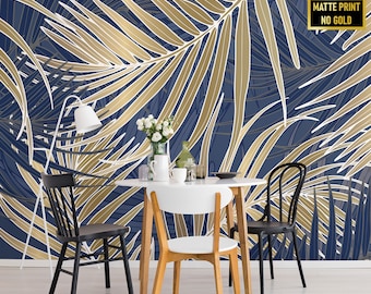 Navy & Non-Gold Tropical Leaves Wallpaper, Art Deco Palm Leaves Wall Mural • Peel and Stick *self adhesive* or Non-Pasted Vinyl Materials