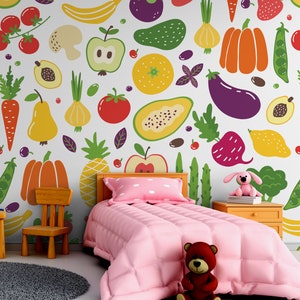 Wallpaper with fruits and veggies || For Kids, self adhesive, peel and stick wall mural