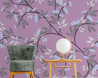 Blumenzweig-lila botanische Tapete, florales Wandgemälde, lila Muster • Abziehen und aufkleben *selbstklebend* oder nicht geklebte Vinylmaterialien
