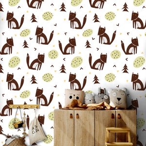 Cartoon wallpaper with a fox and conifer pattern, Wallpaper for kids, self adhesive, peel and stick wall mural
