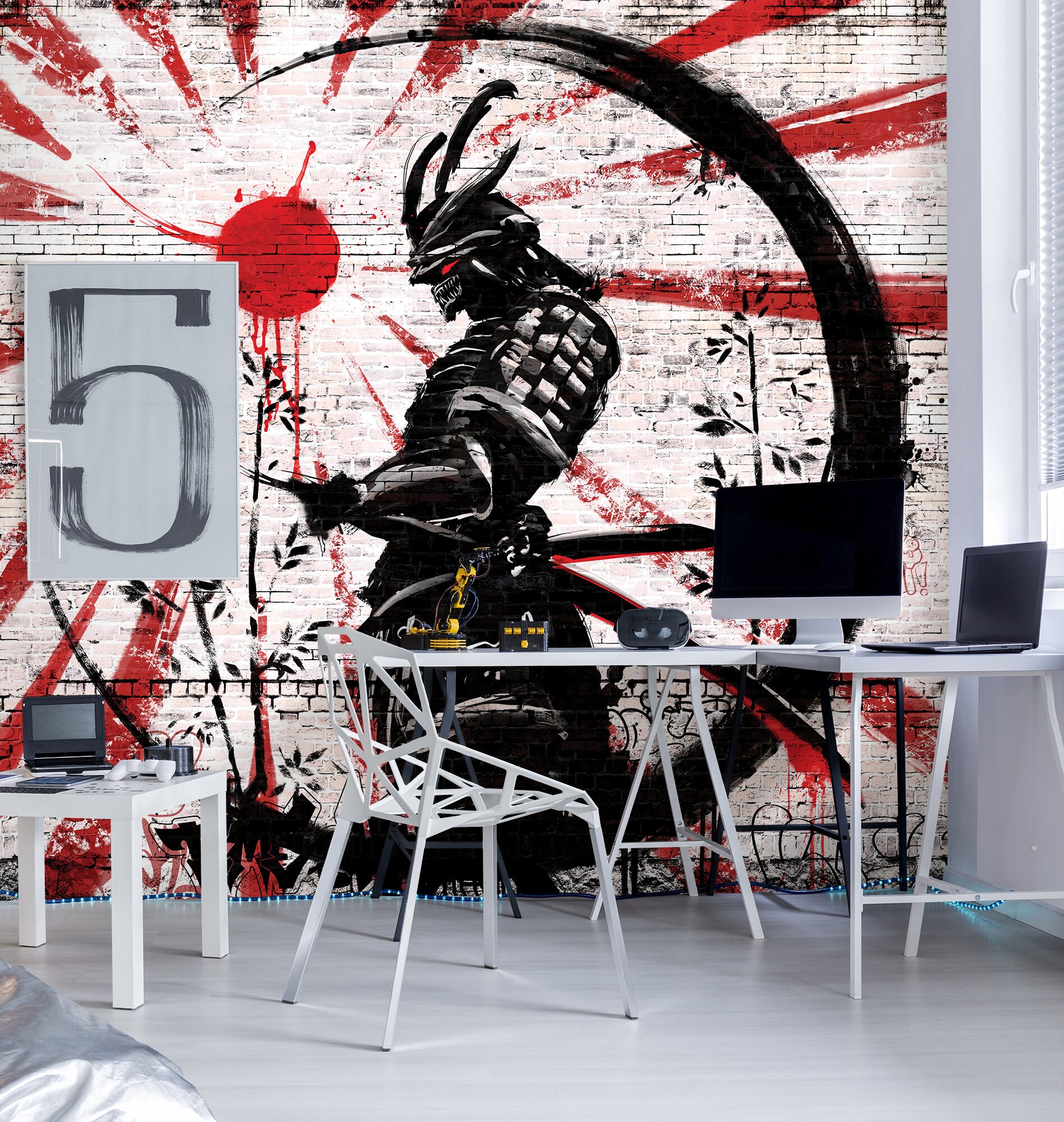 Japanese Warrior Street Art Wallpaper, Dark Samurai Painting on a