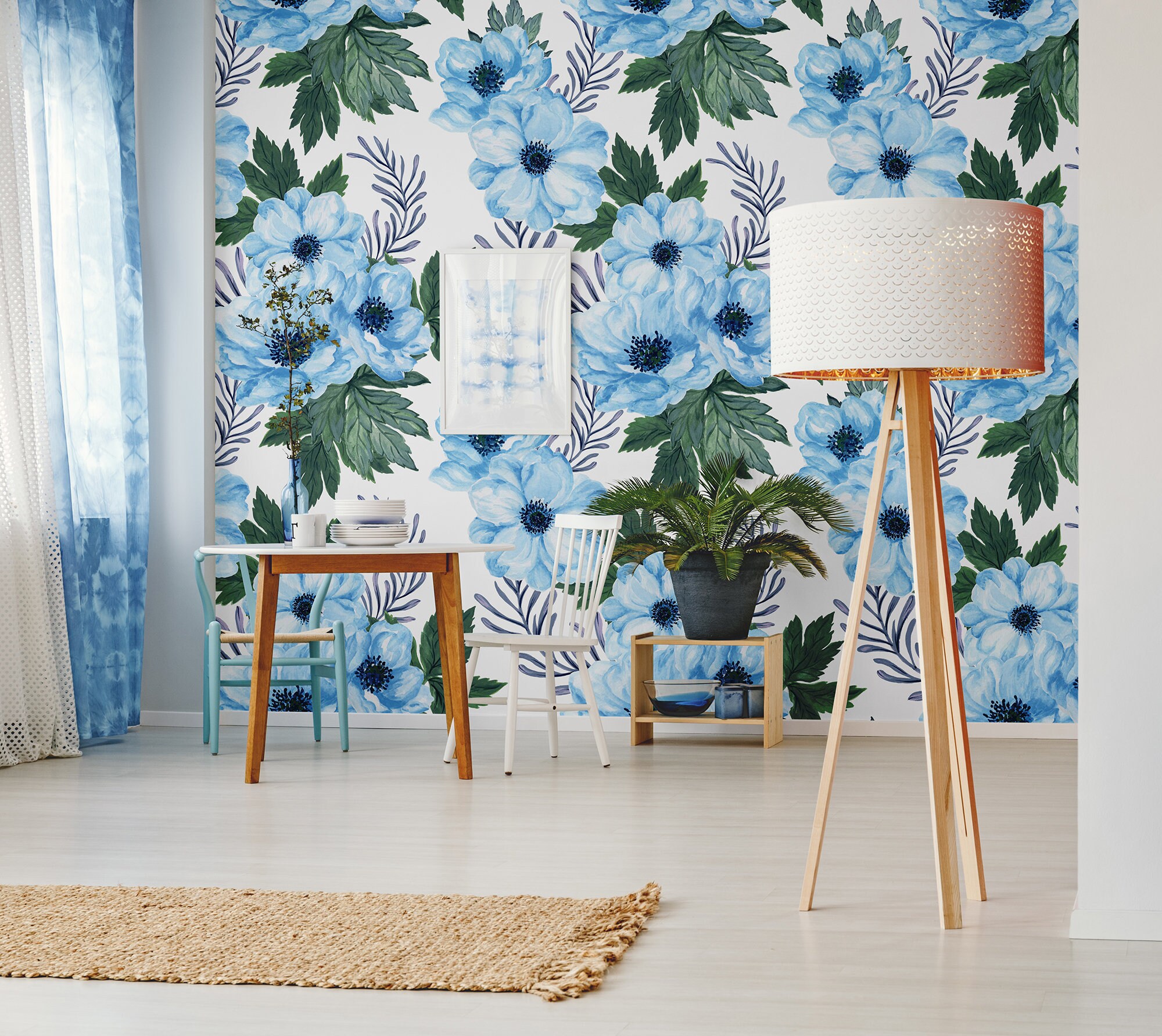 Watercolor Blue Anemone Flowers & Leaves Wallpaper Self | Etsy