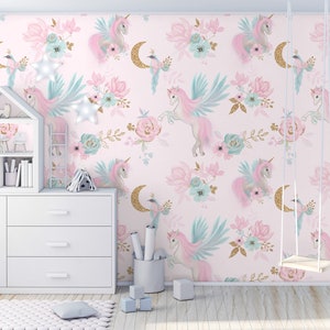 Zauberhafte Tapete in Rosa und Türkis mit Einhörnern, Vögeln, Blumen und Mond || Für Kinder, selbstklebendes Wandgemälde zum Abziehen und Aufkleben