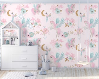 Papel pintado mágico rosa y turquesa con unicornios, pájaros, flores y luna || Para niños, mural de pared autoadhesivo, despegable y pegable