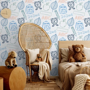 Blue and white wallpaper with school pattern, Wallpaper for kids, self adhesive, peel and stick wall mural