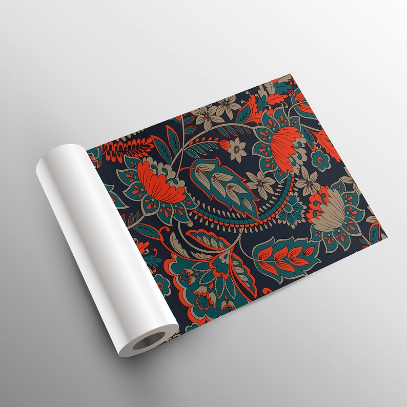 May include: A roll of dark blue wrapping paper with a repeating pattern of teal, orange, and brown floral designs.