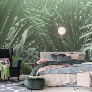 Tropical green leaves photo wallpaper, self adhesive, peel and stick botanical wall mural