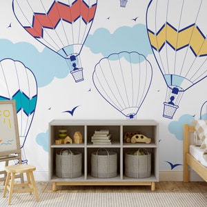 Cartoon wallpaper with hot air balloons, For Kids, self adhesive, peel and stick wall mural