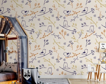 Wallpaper with colorful birds and branches, For Kids, self adhesive, peel and stick wall mural