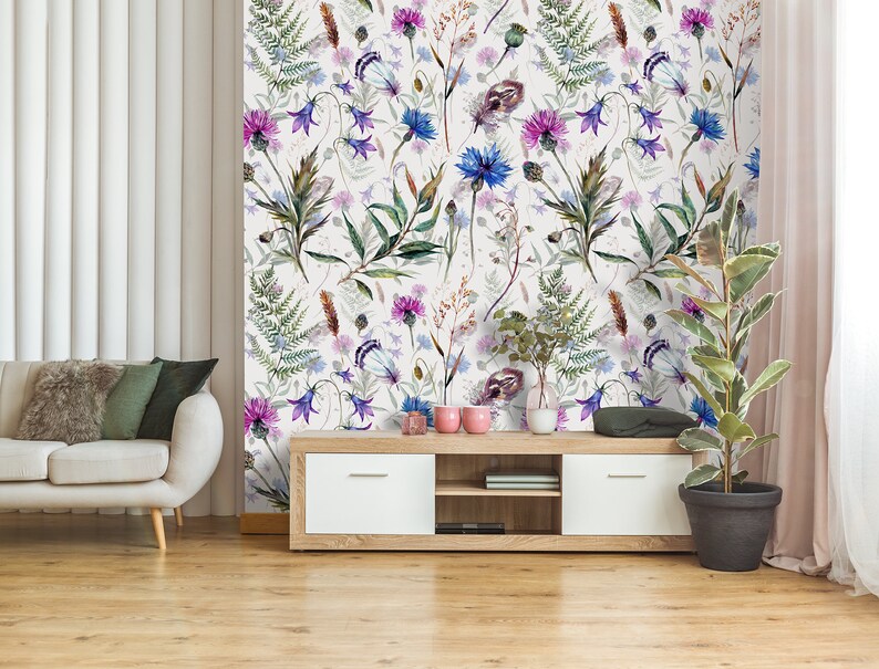 Botanical Wallpaper With Colorful Wildflowers Self Adhesive - Etsy