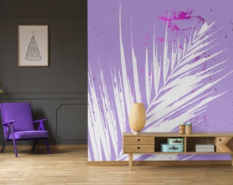 Purple wallpaper with white palm leaf, self adhesive, peel and stick floral wall mural