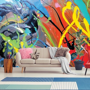 Colorful paint abstract brush stroke art wallpaper || self adhesive, peel and stick wall mural
