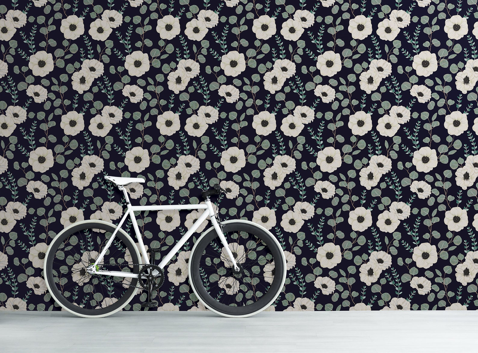 Dark Wallpaper With White Anemone Flower Pattern Self | Etsy